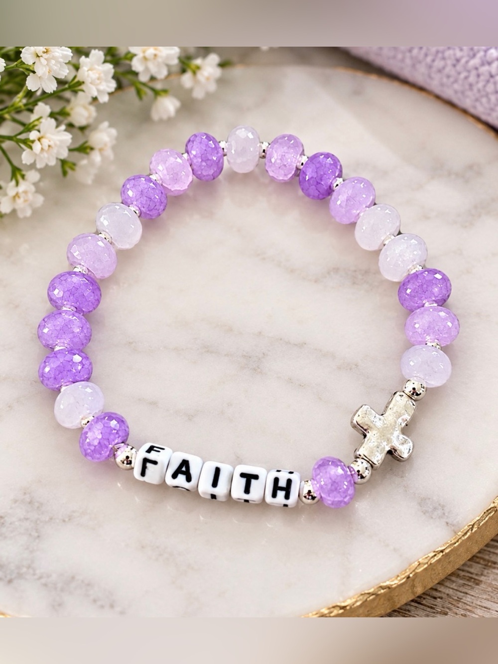 Faith Beaded Cross Inspirational Stretch Bracelet - Lavender Purple